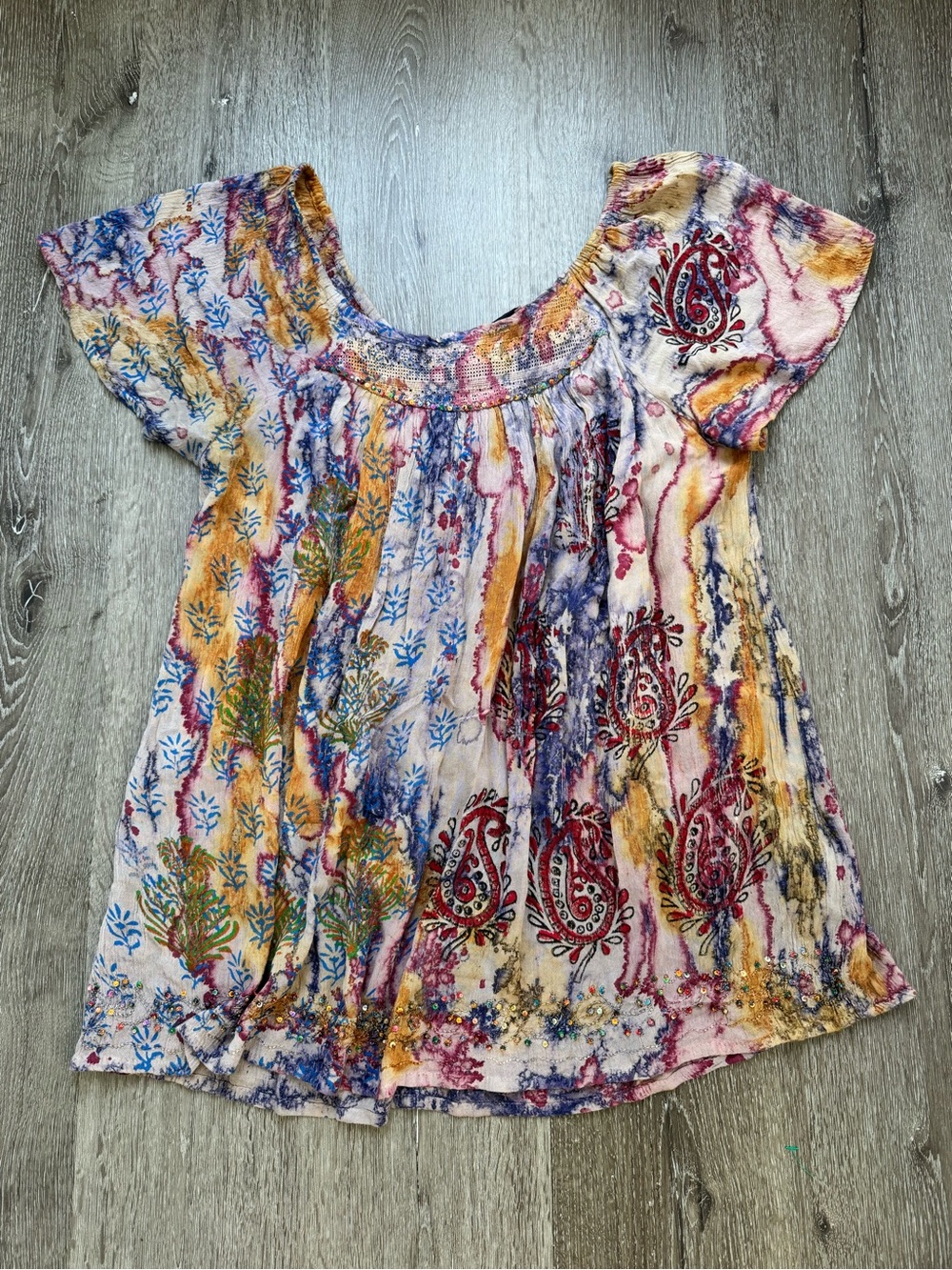 Vintage Just Cruising Boho Crinkle Gauze Top Free Size Beaded Paisley Festival